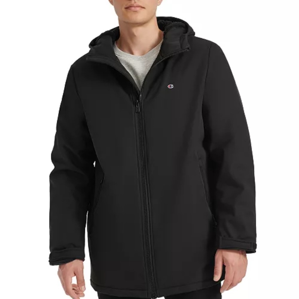 Champion Men's Hooded, Faux Sherpa-Lined Black Jacket Size L